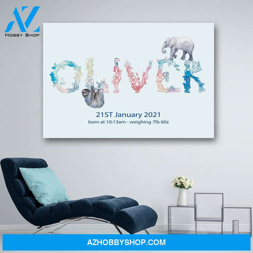 Personalized Baby Name Sign, Animal Nursery Decor Canvas Print Wall Art - Matte Canvas