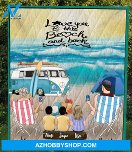 Personalized Beach Camping Blanket Gift Idea For The Whole Family - Parents & 3 Kids Family Beach Camping Quilt Blanket - Love you to the beach and back