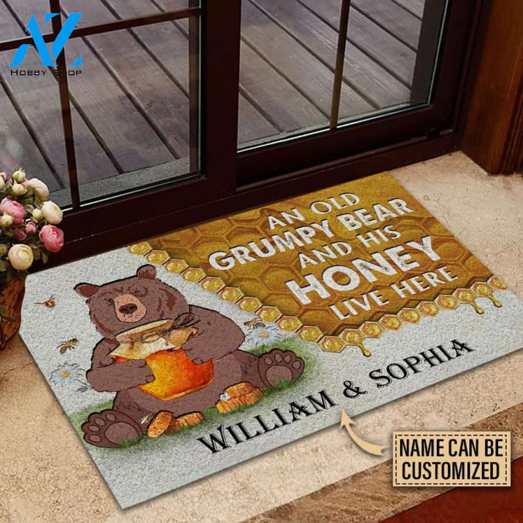 Personalized Bear And His Honey Bee Live Here Customized Doormat | WELCOME MAT | HOUSE WARMING GIFT