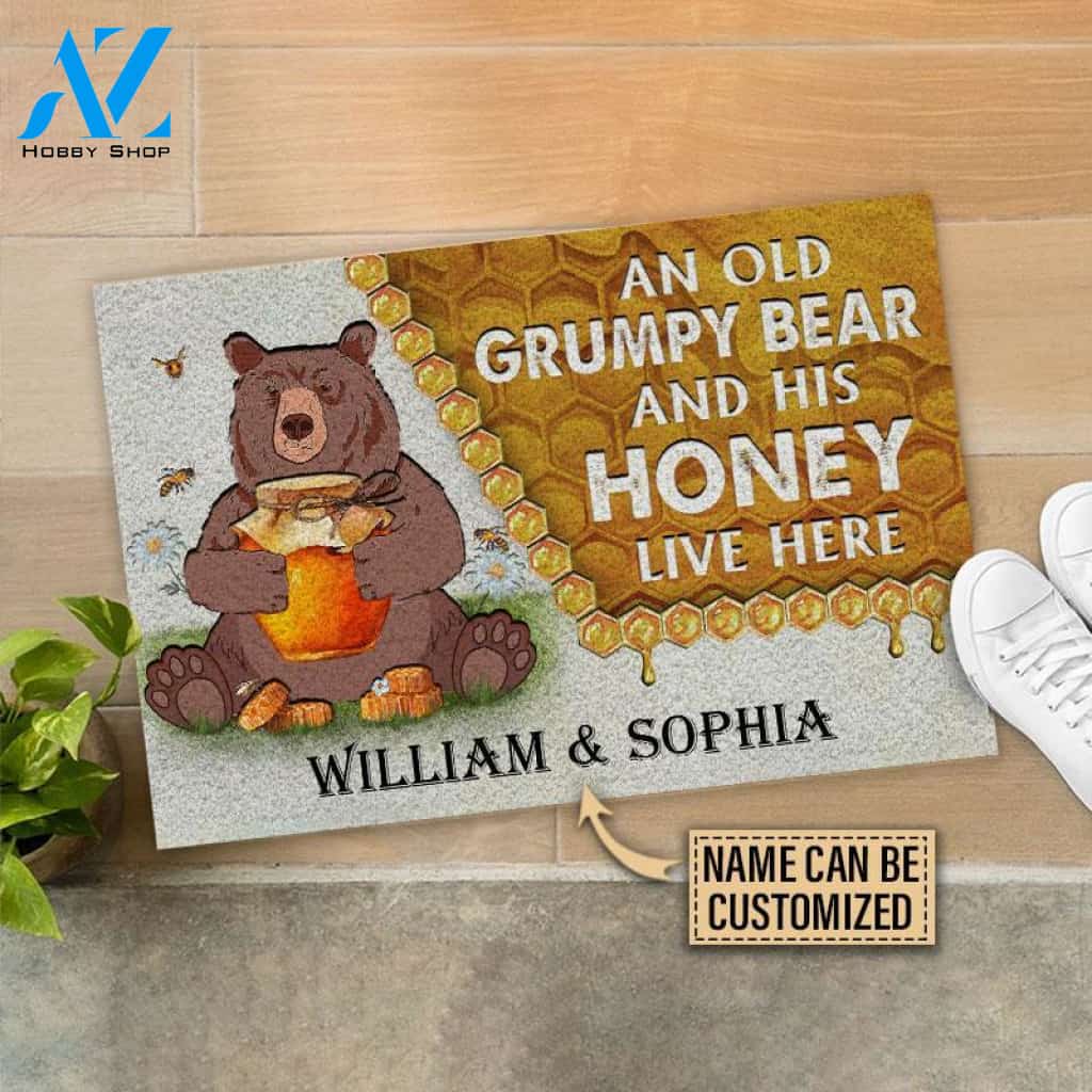 Personalized Bear And His Honey Bee Live Here Customized Doormat | WELCOME MAT | HOUSE WARMING GIFT