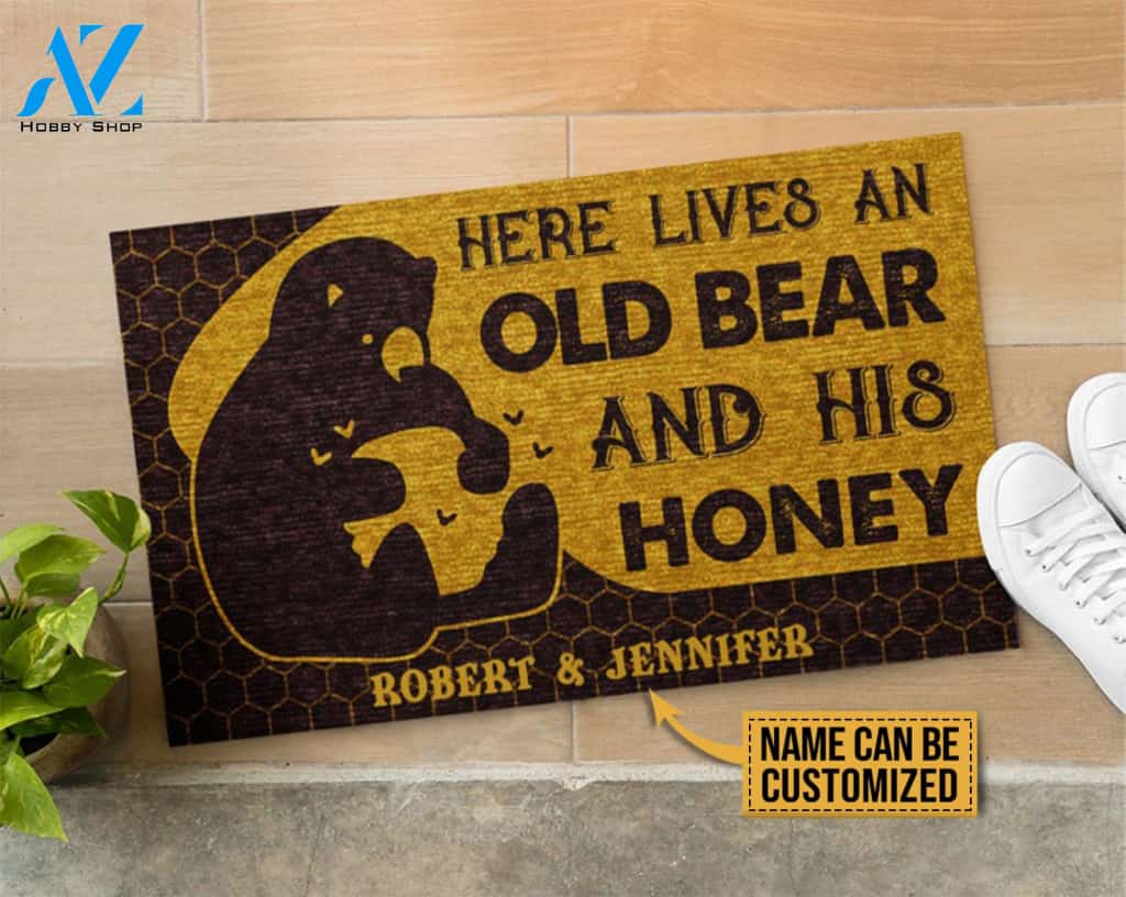 Personalized Bear And Honey Here Lives Customized Doormat