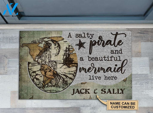 Personalized Beautiful Mermaid And Salty Pirate Live Here Customized Doormat | Welcome Mat | House Warming Gift