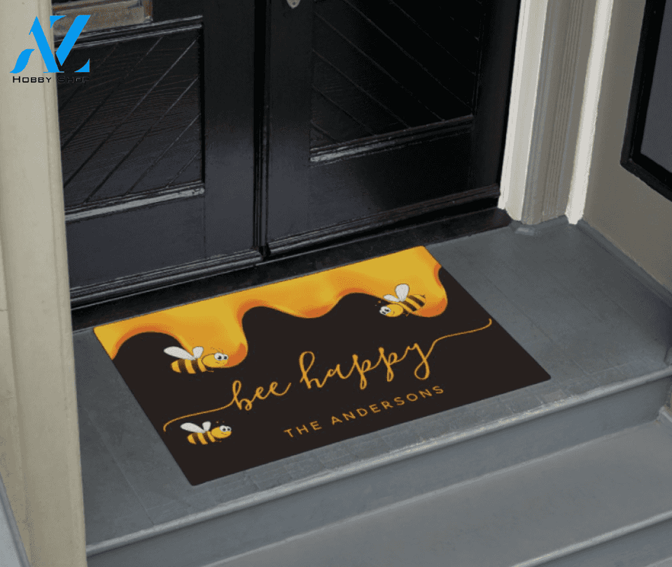 Personalized Bee Happy and Honey Insect Doormat Indoor and Outdoor Doormat Entrance Rug Sweet Home Decor Housewarming Gift Gift for Bee Lovers Insect Lovers Gift Idea