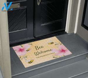 Personalized Bee Welcome can Hibiscus Flower Insect Doormat Indoor and Outdoor Doormat Entrance Rug Sweet Home Decor Housewarming Gift Gift for Bee Lovers Insect Lovers Gift Idea