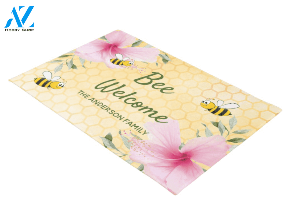 Personalized Bee Welcome can Hibiscus Flower Insect Doormat Indoor and Outdoor Doormat Entrance Rug Sweet Home Decor Housewarming Gift Gift for Bee Lovers Insect Lovers Gift Idea