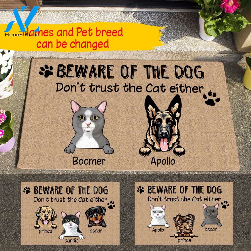 Personalized Beware Of The Dog Don't Trust The Cat Either Doormat Full Printing | Welcome Mat | House Warming Gift