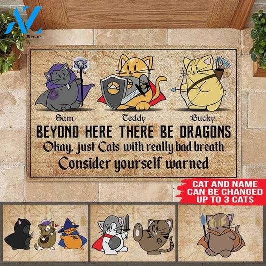 Personalized Beyond Here There Be Dragons Doormat, DnD Doormat, Dungeons And Dragons Cat Lovers Mat, Housewarming Gift, Family Welcome Mat