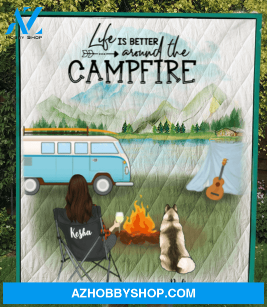 Personalized quilt blanket Gift For Dog Mom - Mom & 1 Dog Camping Quilt Blanket - Life is around the campfire - Gift idea for dog moms