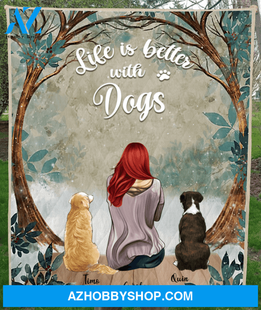Personalized quilt blanket gift for dog mom - Mom & upto 2 dogs - Life is better with dogs