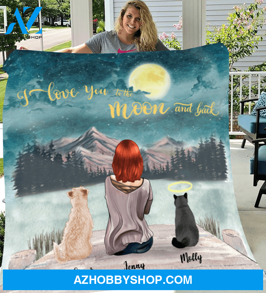 Personalized fleece blanket gift for dog mom, cat lovers - Mom & upto 3 pets fleece blanket - I love you to the moon and back