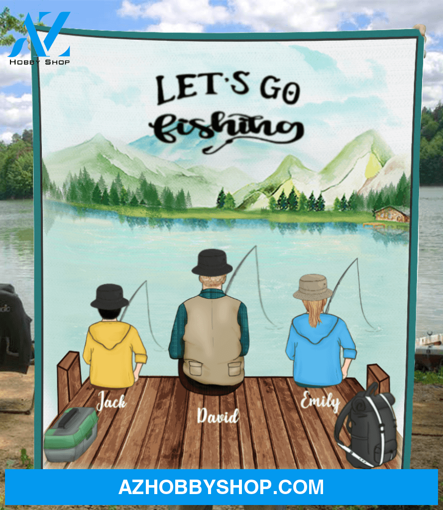 Personalized Fleece Blanket, Gift Idea For Dad, Single Dad - Custom Dad & 2 Kids Fishing Fleece Blanket V5 - Let's go fishing