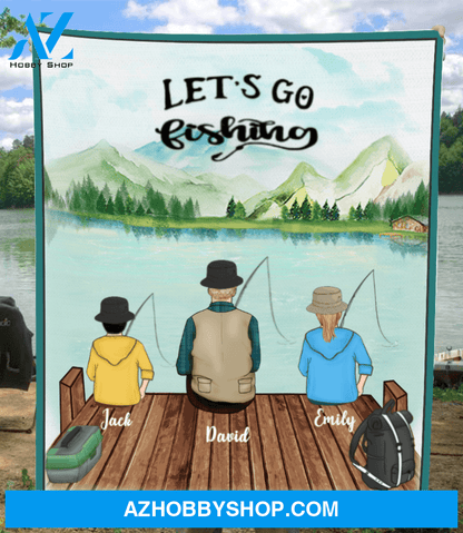 Personalized Fleece Blanket, Gift Idea For Dad, Single Dad - Custom Dad & 2 Kids Fishing Fleece Blanket V5 - Let's go fishing