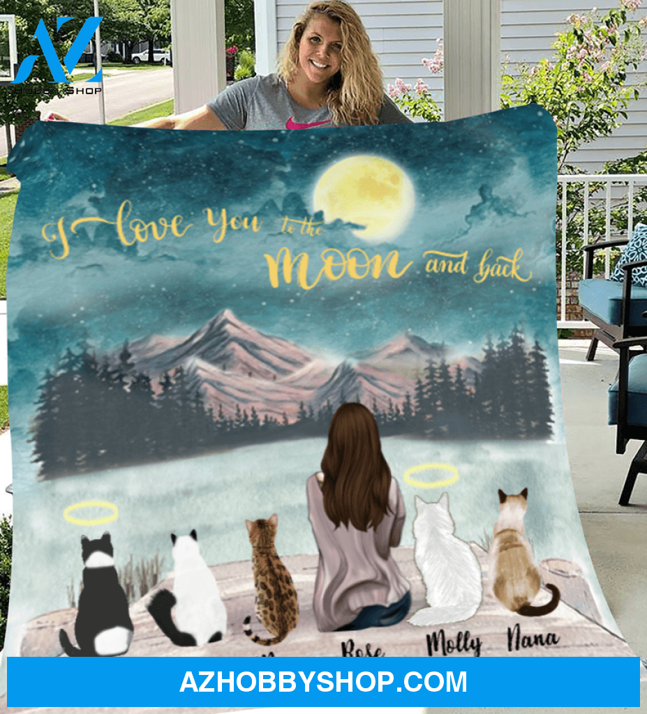 Personalized fleece blanket gift for cat lovers - Mom & 5 cats fleece blanket - Cat mom Mother's day - I love you to the moon and back