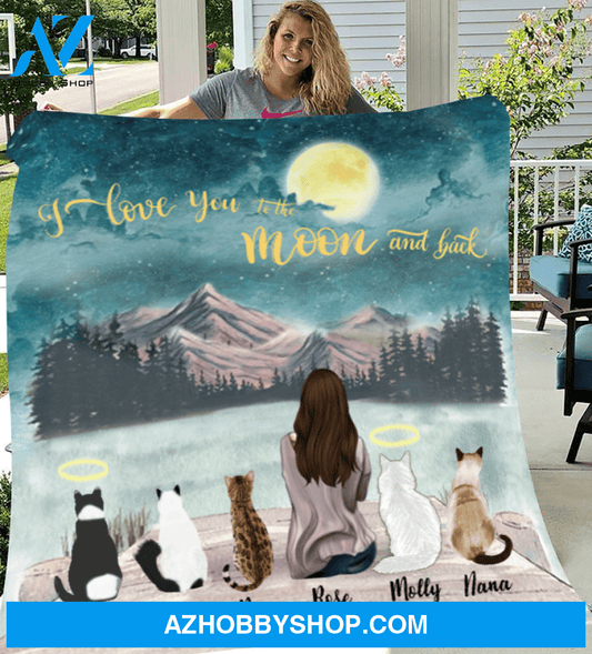 Personalized fleece blanket gift for cat lovers - Mom & 5 cats fleece blanket - Cat mom Mother's day - I love you to the moon and back