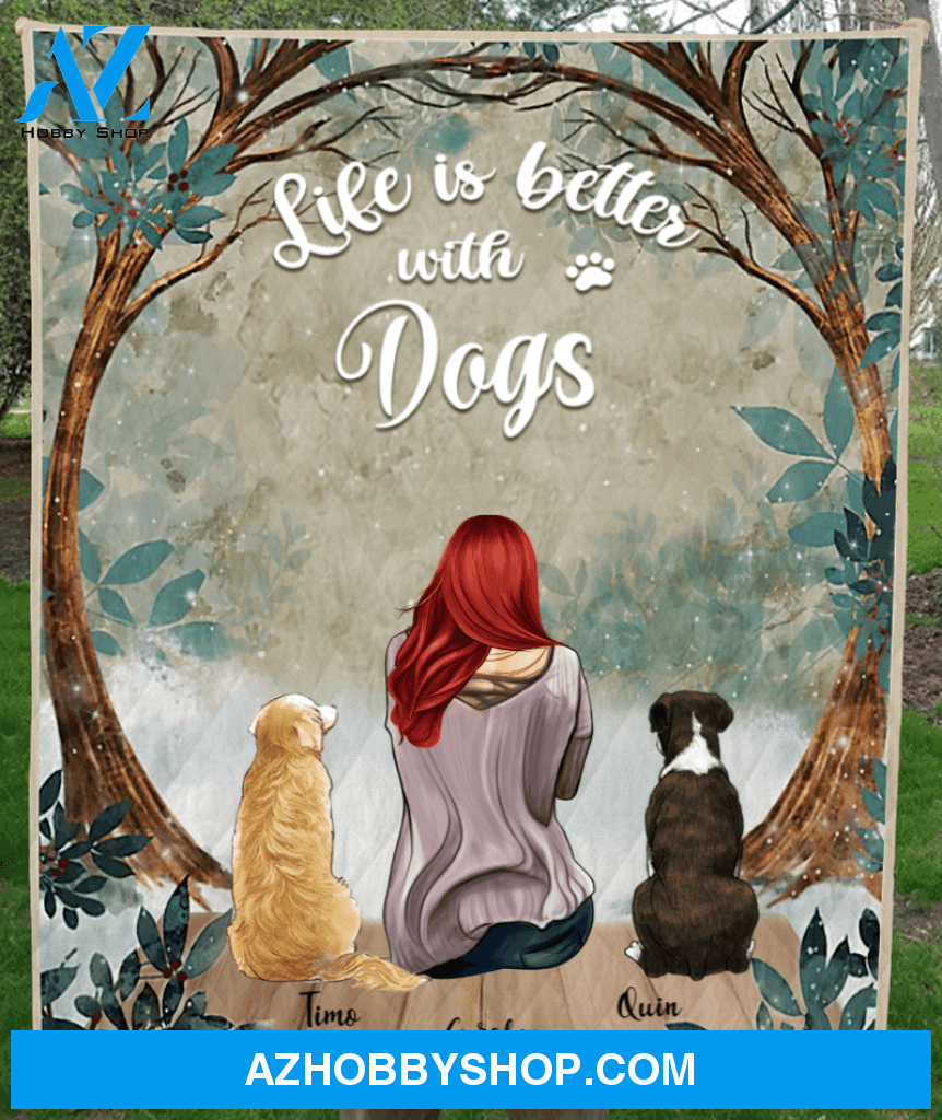 Personalized quilt blanket gift for dog mom - Mom & upto 2 dogs - Life is better with dogs