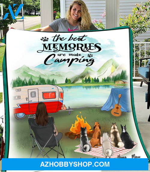 Personalized Fleece Blanket Gift For Dog Mom - Mom & 5 Dogs Camping Fleece Blanket - The best memories are made camping