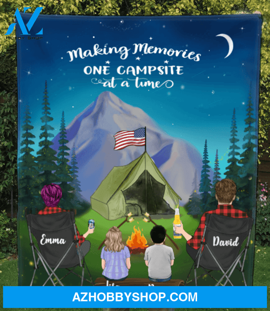 Personalized Quilt Blanket, Gift Idea For The Whole Family - Parents & 2 Kids Night Mountain Camping