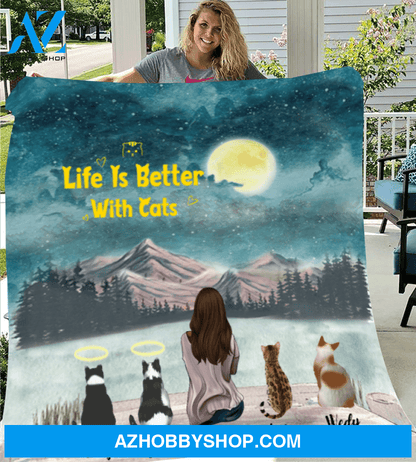 Personalized fleece blanket gift for cat lovers - Mom & 4 cats blanket - Cat mom Mother's day - Life is better with cats