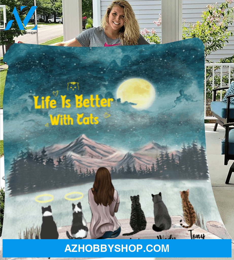 Personalized fleece blanket gift for cat lovers - Mom & 5 cats fleece blanket - Cat mom Mother's day - Life is better with cats