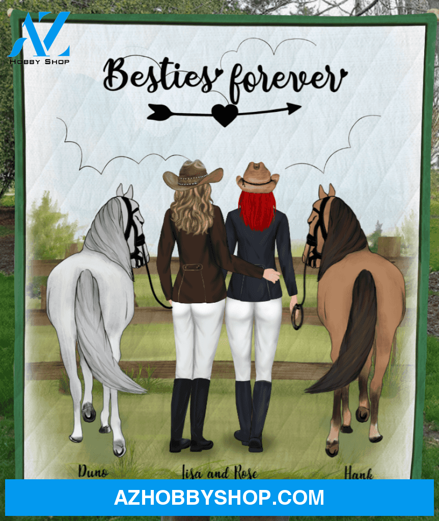 Personalized Blanket, Best Gift For Best Friends, Horse Lovers - 2 Cowboy Girls and 2 Horses Quilt Blanket - Besties Forever