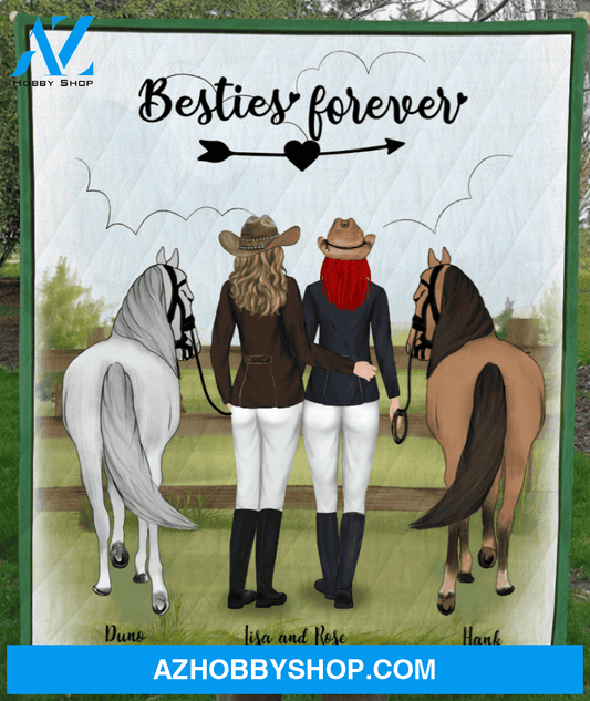 Personalized Blanket, Best Gift For Best Friends, Horse Lovers - 2 Cowboy Girls and 2 Horses Quilt Blanket - Besties Forever
