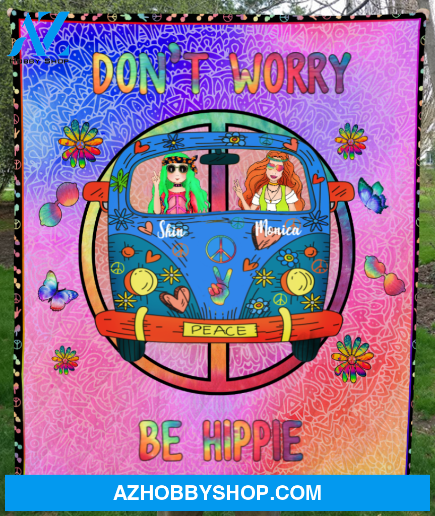 Personalized Blanket Best Gift For Hippie Girls, Cat Dog Lovers - 2 Hippie Girls and Pets Quilt Blanket, Full Option - Stay Trippy Little Hippie