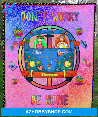 Personalized Blanket Best Gift For Hippie Girls, Cat Dog Lovers - 2 Hippie Girls and Pets Quilt Blanket, Full Option - Stay Trippy Little Hippie