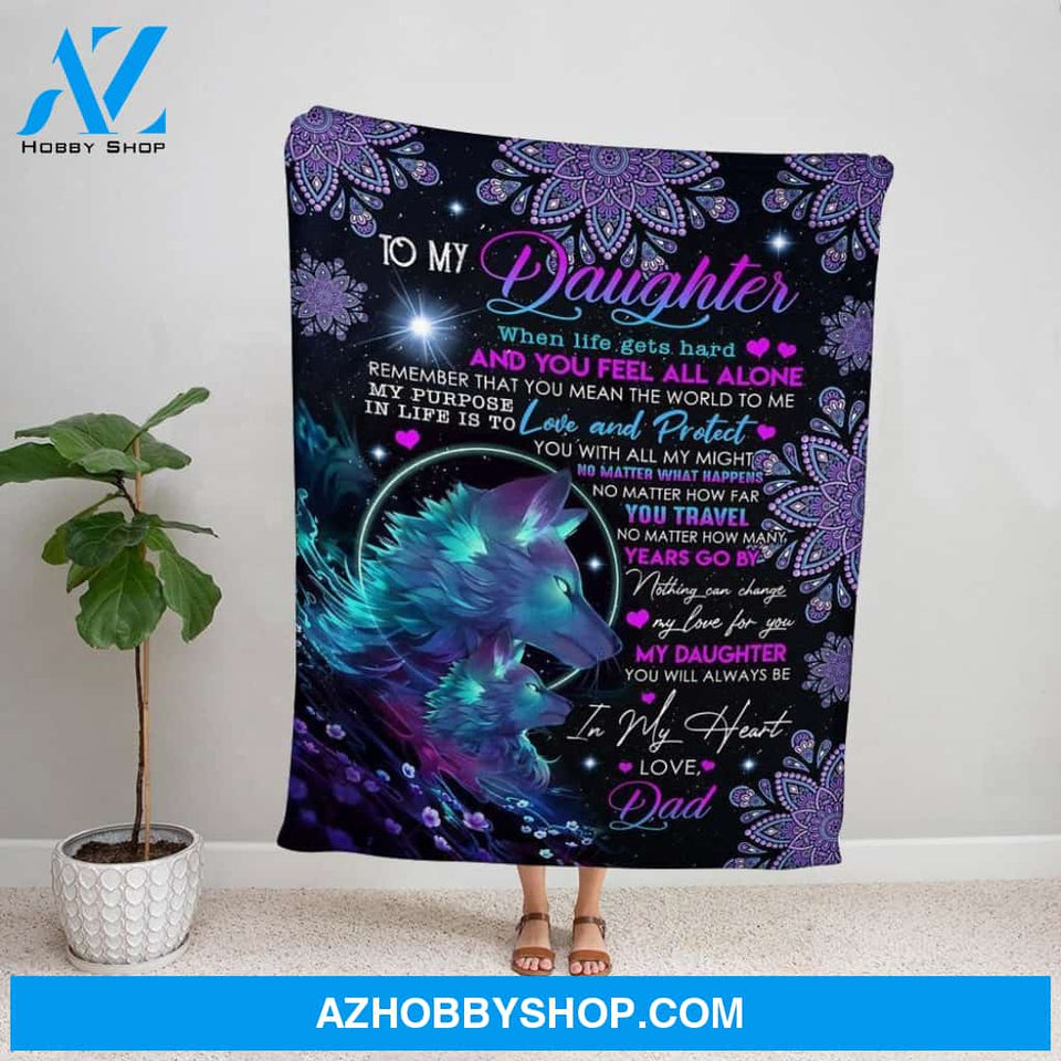 Personalized Blanket, Blue Wolf Letter To My Daughter Nothing Can Change My Love For You Purple & Blue Fleece Blanket