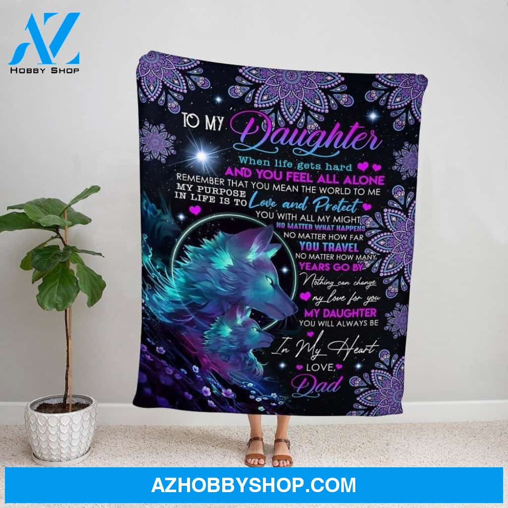 Personalized Blanket, Blue Wolf Letter To My Daughter Nothing Can Change My Love For You Purple & Blue Fleece Blanket