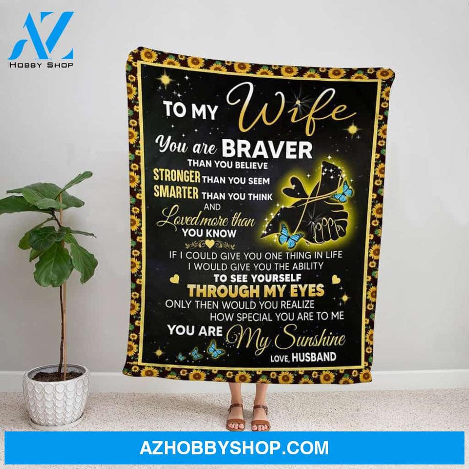 Personalized Blanket, Butterfly Sunflower Husband Letter To My Wife You Are My Sunshine Fleece Blanket