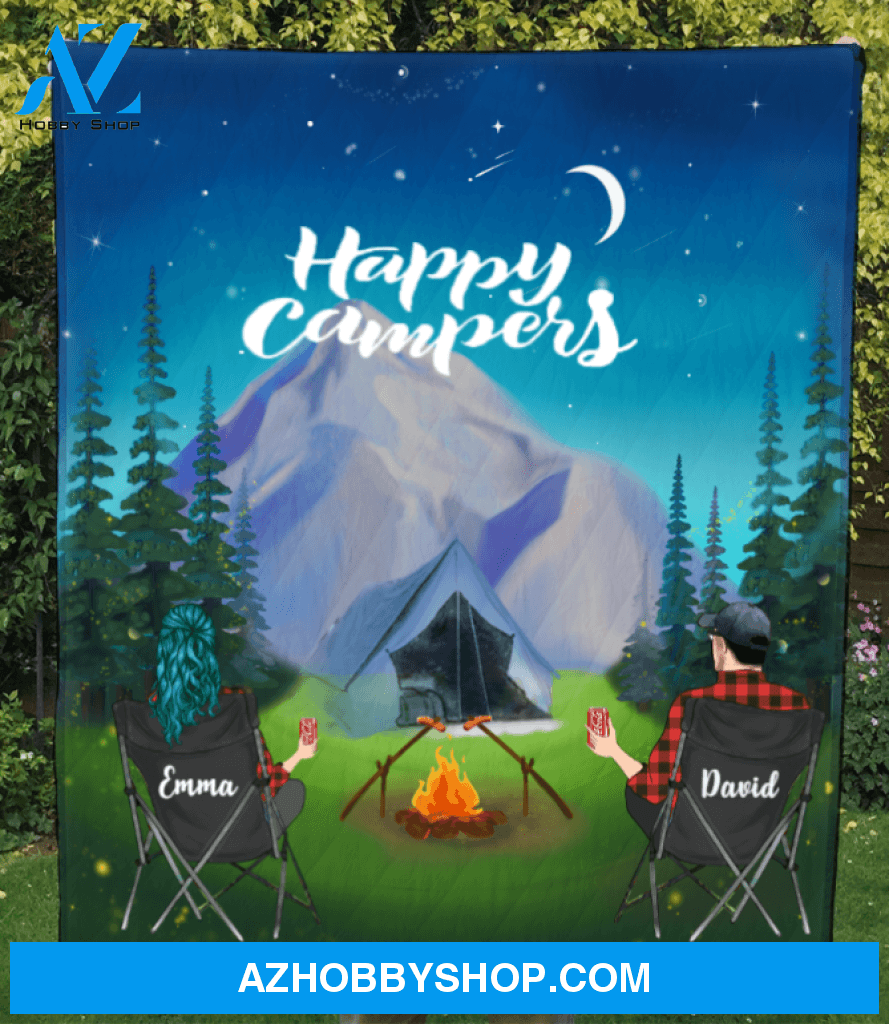 Personalized Blanket, Gift For Camping Lovers - Couple Night Mountain Camping Quilt Blanket - No Kid, No Pet
