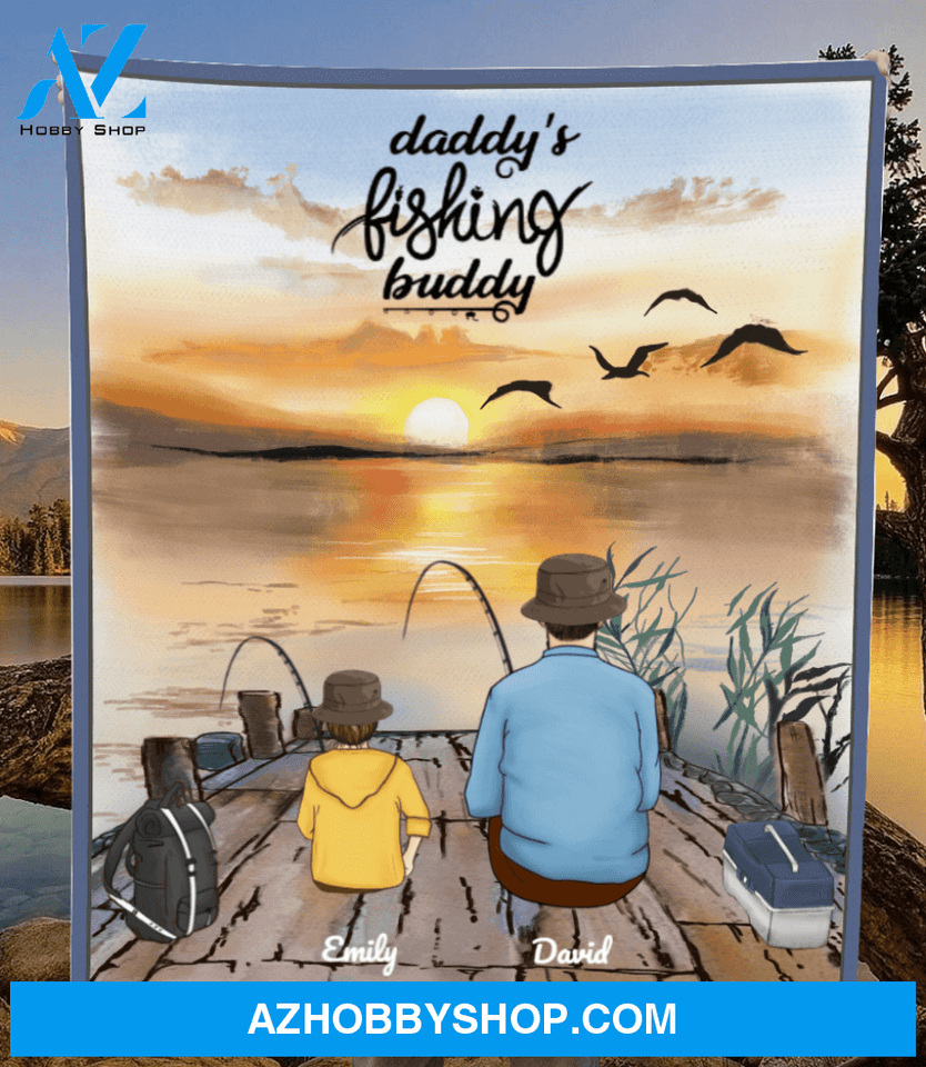 Personalized Blanket Gift For Dad/Single Dad - Dad & 1 Kid fishing quilt blanket - Daddy's fishing buddy