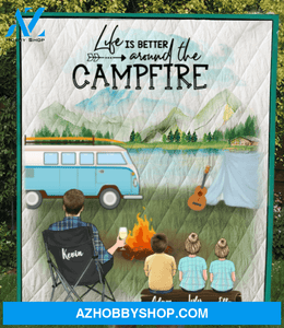 Personalized Blanket Gift For Dad/Single Dad - Dad & 3 Kids Camping quilt blanket - Life is better around the campfire