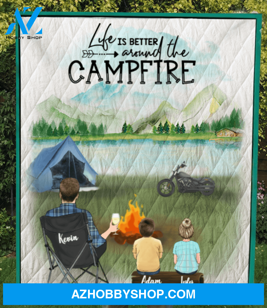 Personalized Blanket Gift For Dad/Single Father - Best Camping Quilt - Dad & 2 Kids camping quilt blanket - No Camper