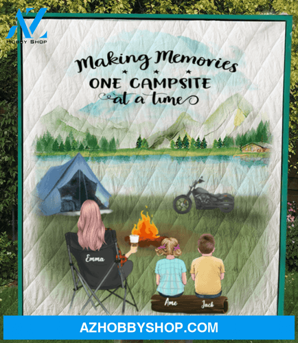 Personalized Blanket Gift For Single Mom - Mom & 2 Kids Camping quilt blanket - No Camper - tent only version