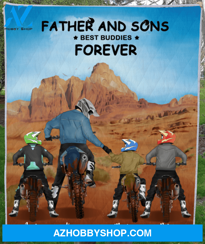 Personalized Blanket Gift From Son To Biker Dad - Father and 3 Kids - Father and sons Best buddies forever