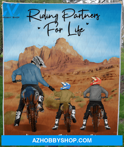 Personalized Blanket Gift From Son To Biker Dad - Father and 2 Kids - Riding partners for life