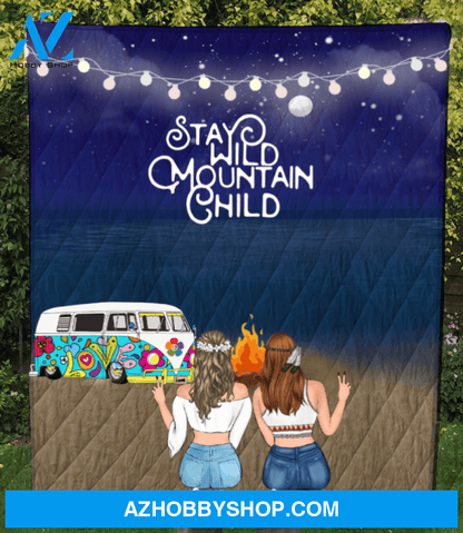 Personalized Blanket Gift Idea For Best Friends - 2 Boho Girls Night Beach Camping Quilt Blanket - Stay Wild Mountain Child