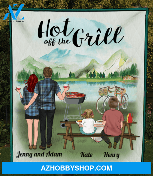 Personalized Blanket, Gift Idea For the whole family, camping grill lovers - Parents with 1 Teen and 1 Kid Quilt - The Best Memory Of Family - Hot Off The Grill