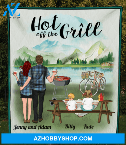 Personalized blanket gift idea for the whole family, camping Grills lovers - Parents with 1 Kid & 1 Baby Quilt Blanket - Hot Off The Grill