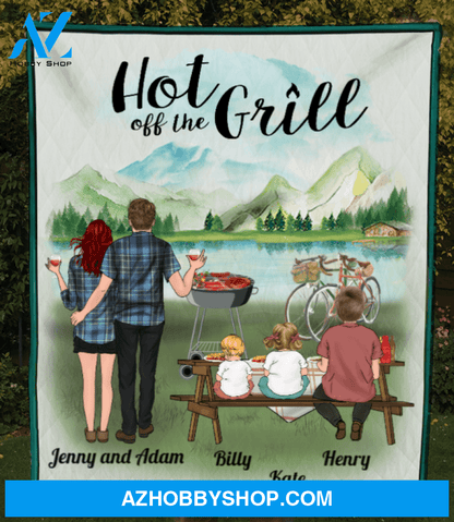 Personalized blanket gift idea for the whole family, camping Grills lovers - Parents with 1 teen & 2 babies quilt blanket - Mother's day gift from husband to wife