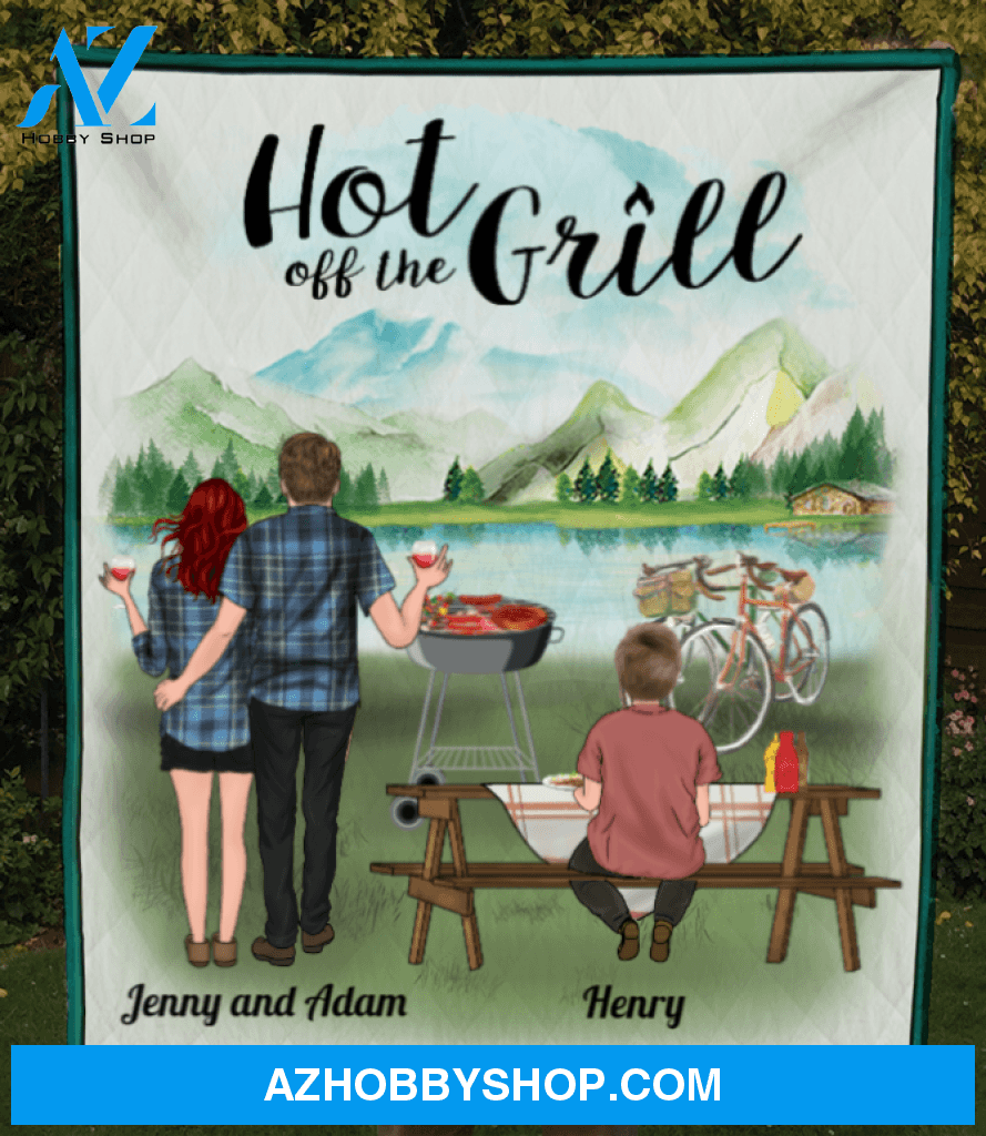 Personalized blanket gift idea for the whole family, camping Grills lovers - Parents with 1 teen quilt blanket - Mother's day gift from husband to wife