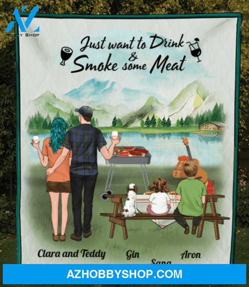 Personalized blanket gift idea for the whole family, camping Grills lovers - Parents with 1 teen, 2 kids & 1 pet quilt blanket - Mother's day gift from husband to wife