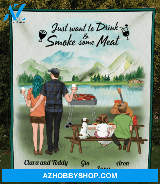 Personalized blanket gift idea for the whole family, camping Grills lovers - Parents with 1 teen, 2 kids & 1 pet quilt blanket - Mother's day gift from husband to wife