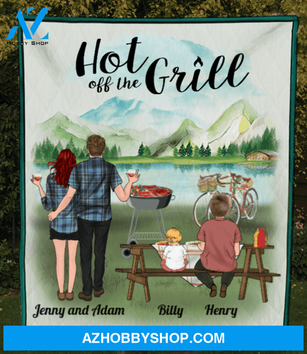 Personalized blanket gift idea for the whole family, camping Grills lovers - Parents with 1 teen & 2 babies quilt blanket - Mother's day gift from husband to wife - Hot off the grill