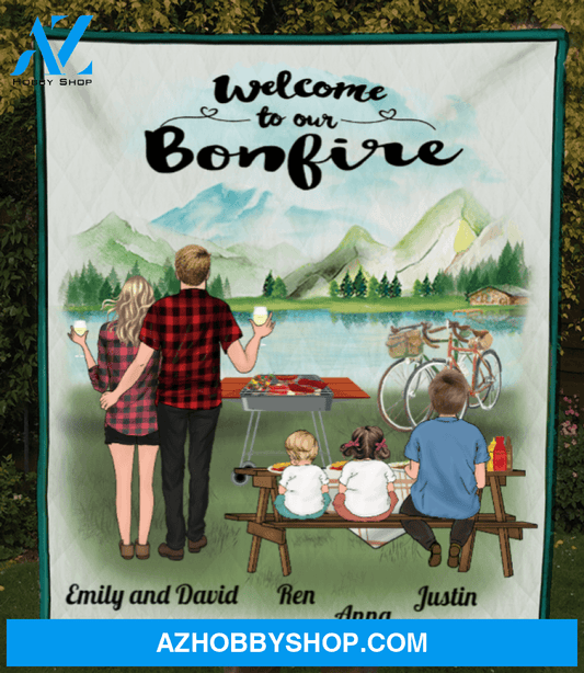Personalized blanket gift idea for the whole family, camping Grills lovers - Parents with 1 kid & 2 babies quilt blanket - Mother's day gift from husband to wife - Welcome to our bonfire