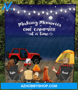 Personalized blanket gift idea for the whole family, cat dog owners - Parents, 1 Kid & 2 Pets Night Beach Camping Quilt Blanket - Making memories one campsite at a time