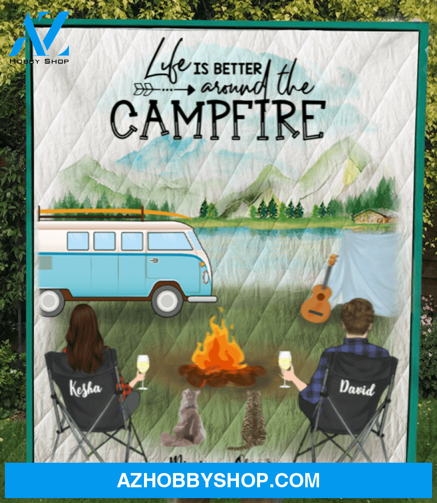 Personalized blanket gift idea for the whole family, cat lovers - 2 Cats & Couple Camping Quilt Blanket - Let’s go camping