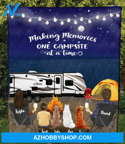 Personalized blanket gift idea for the whole family, dog lovers - Parents with 1 kid & 3 dogs night beach camping quilt blanket - Making memories one campsite at a time