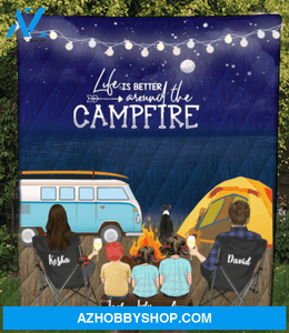 Personalized blanket gift idea for the whole family, dog lovers - Parents with 3 kids & 1 dog night beach camping quilt blanket